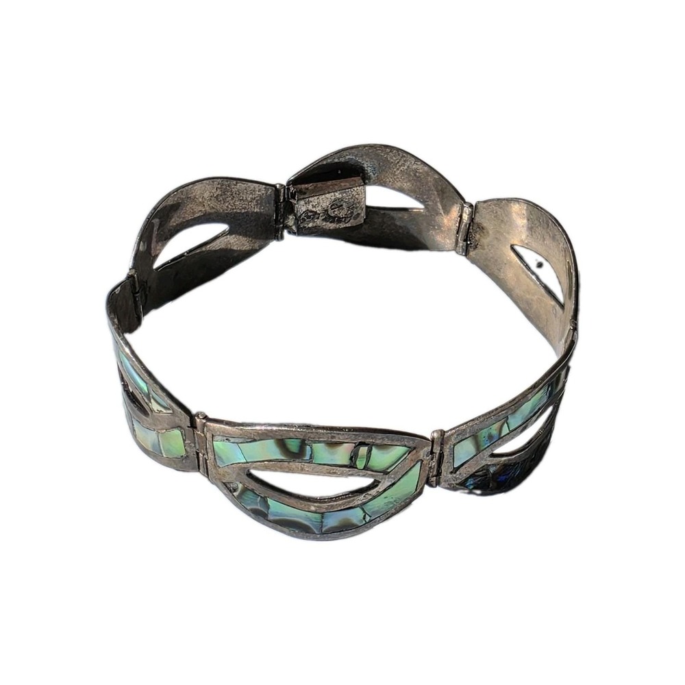 Vintage Taxco Sterling Silver Mexico Eagle Mark Abalone Shell Link Bracelet 7"
